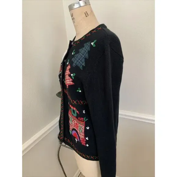 All Point By Reference Point Cardigan Winter Christmas Santa Black Size M - Picture 5 of 7